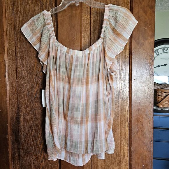 Lucky Brand Emily Plaid Shirt XL | Brown-Orange Cotton Short Sleeve Blouse - Picture 2 of 6